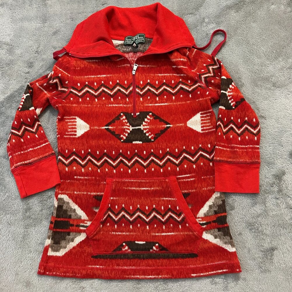 Vintage Lauren Ralph Lauren Sport Red Aztec Thermal Shirt Top SMALL Women's